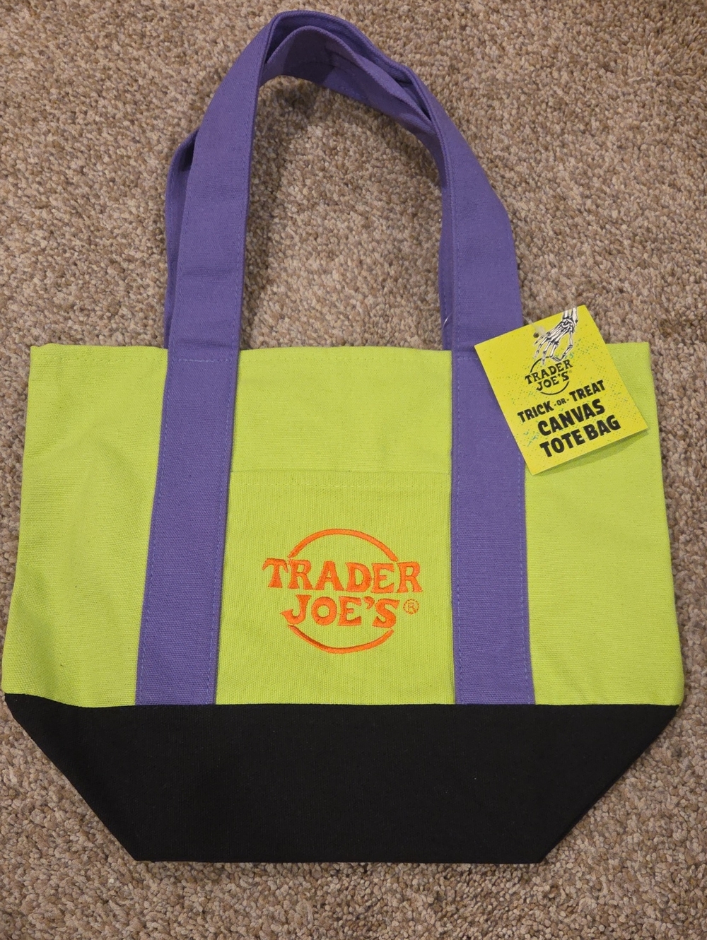 Trader Joes Mini Lime Green & Purple Canvas Halloween Tote Bag